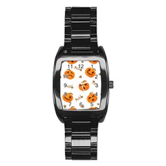 Funny Spooky Halloween Pumpkins Pattern White Orange Stainless Steel Barrel Watch by HalloweenParty