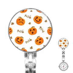 Funny Spooky Halloween Pumpkins Pattern White Orange Stainless Steel Nurses Watch by HalloweenParty