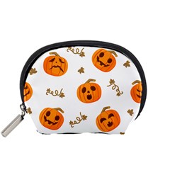 Funny Spooky Halloween Pumpkins Pattern White Orange Accessory Pouch (small) by HalloweenParty