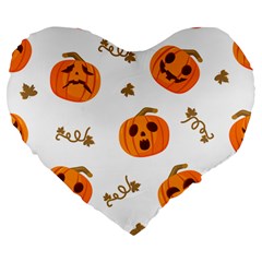 Funny Spooky Halloween Pumpkins Pattern White Orange Large 19  Premium Flano Heart Shape Cushions by HalloweenParty