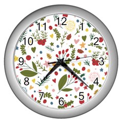 Floral Christmas Pattern  Wall Clock (silver) by Valentinaart