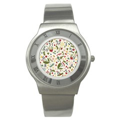 Floral Christmas Pattern  Stainless Steel Watch by Valentinaart