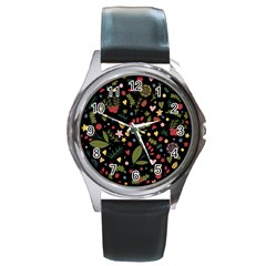 Floral Christmas Pattern  Round Metal Watch by Valentinaart