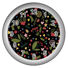 Floral Christmas Pattern  Wall Clock (silver) by Valentinaart