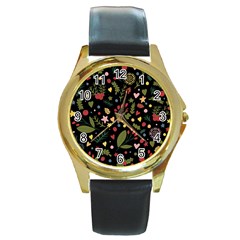 Floral Christmas Pattern  Round Gold Metal Watch by Valentinaart