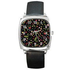 Floral Christmas Pattern  Square Metal Watch by Valentinaart