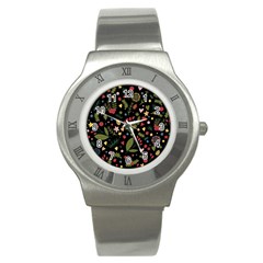 Floral Christmas Pattern  Stainless Steel Watch by Valentinaart