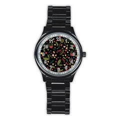 Floral Christmas Pattern  Stainless Steel Round Watch by Valentinaart