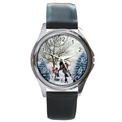 Christmas, Cute Bird With Horse Round Metal Watch by FantasyWorld7