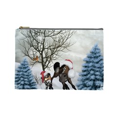 Christmas, Cute Bird With Horse Cosmetic Bag (large) by FantasyWorld7