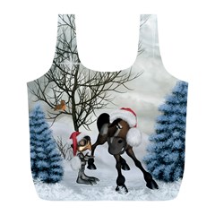 Christmas, Cute Bird With Horse Full Print Recycle Bag (l) by FantasyWorld7