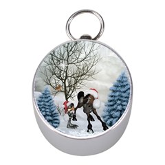 Christmas, Cute Bird With Horse Mini Silver Compasses by FantasyWorld7