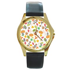 Thanksgiving Pattern Round Gold Metal Watch by Valentinaart