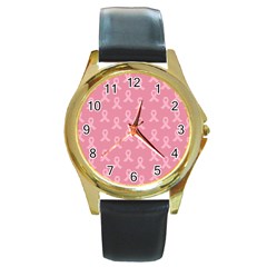 Pink Ribbon - Breast Cancer Awareness Month Round Gold Metal Watch by Valentinaart