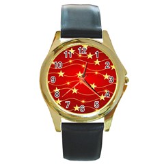 Stars Background Christmas Decoration Round Gold Metal Watch by Sapixe