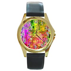 Color Abstract Artifact Pixel Round Gold Metal Watch