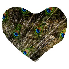 Peacock Feathers Color Plumage Green Large 19  Premium Heart Shape Cushions by Sapixe