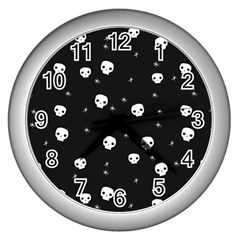 Pattern Skull Stars Halloween Gothic on black background Wall Clock (Silver)