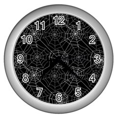 Pattern Spiderweb Halloween Gothic On Black Background Wall Clock (silver) by genx