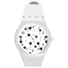 Pattern Skull Stars Handrawn Naive Halloween Gothic Black And White Round Plastic Sport Watch (m) by genx