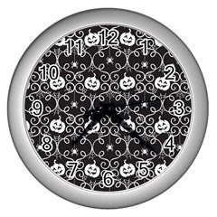 Pattern Pumpkin Spider Vintage Gothic Halloween Black And White Wall Clock (silver) by genx