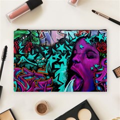 Graffiti Woman And Monsters Turquoise Cyan And Purple Bright Urban Art With Stars Cosmetic Bag (large) by genx