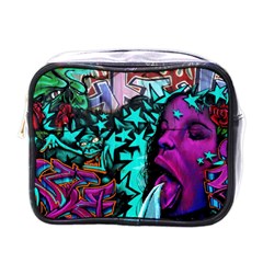 Graffiti Woman And Monsters Turquoise Cyan And Purple Bright Urban Art With Stars Mini Toiletries Bag (one Side) by genx