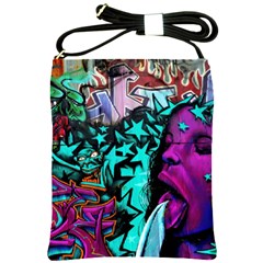 Graffiti Woman And Monsters Turquoise Cyan And Purple Bright Urban Art With Stars Shoulder Sling Bag by genx