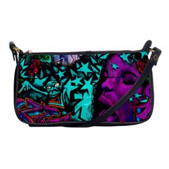 Graffiti Woman And Monsters Turquoise Cyan And Purple Bright Urban Art With Stars Shoulder Clutch Bag by genx