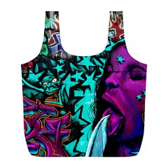 Graffiti Woman And Monsters Turquoise Cyan And Purple Bright Urban Art With Stars Full Print Recycle Bag (l) by genx