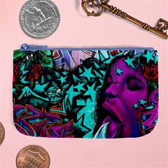 Graffiti Woman And Monsters Turquoise Cyan And Purple Bright Urban Art With Stars Large Coin Purse by genx