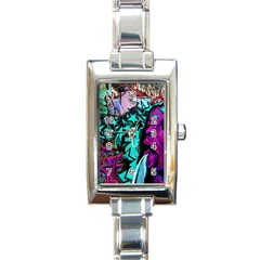 Graffiti Woman And Monsters Turquoise Cyan And Purple Bright Urban Art With Stars Rectangle Italian Charm Watch by genx