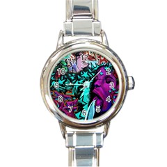 Graffiti Woman And Monsters Turquoise Cyan And Purple Bright Urban Art With Stars Round Italian Charm Watch by genx