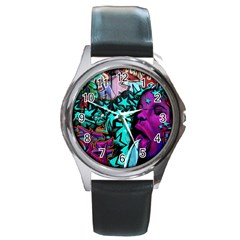 Graffiti Woman And Monsters Turquoise Cyan And Purple Bright Urban Art With Stars Round Metal Watch by genx