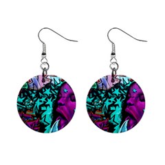 Graffiti Woman And Monsters Turquoise Cyan And Purple Bright Urban Art With Stars Mini Button Earrings by genx