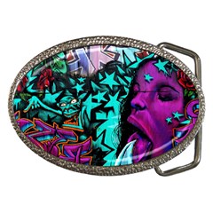 Graffiti Woman And Monsters Turquoise Cyan And Purple Bright Urban Art With Stars Belt Buckles by genx