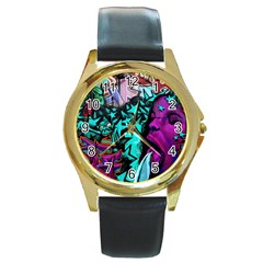 Graffiti Woman And Monsters Turquoise Cyan And Purple Bright Urban Art With Stars Round Gold Metal Watch by genx