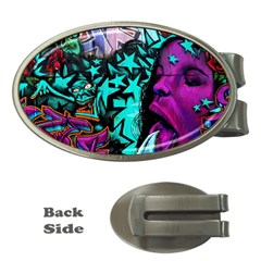 Graffiti Woman And Monsters Turquoise Cyan And Purple Bright Urban Art With Stars Money Clips (oval)  by genx