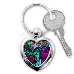 Graffiti Woman And Monsters Turquoise Cyan And Purple Bright Urban Art With Stars Key Chains (heart)  by genx