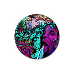 Graffiti Woman And Monsters Turquoise Cyan And Purple Bright Urban Art With Stars Magnet 3  (round) by genx