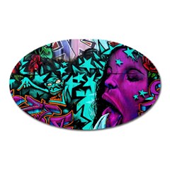 Graffiti Woman And Monsters Turquoise Cyan And Purple Bright Urban Art With Stars Oval Magnet by genx