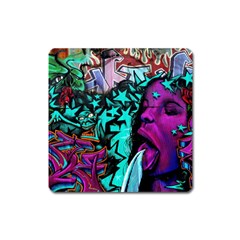 Graffiti Woman And Monsters Turquoise Cyan And Purple Bright Urban Art With Stars Square Magnet by genx