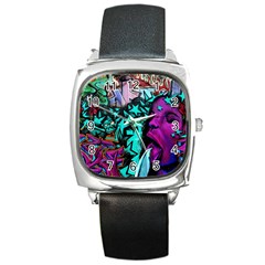 Graffiti Woman And Monsters Turquoise Cyan And Purple Bright Urban Art With Stars Square Metal Watch by genx