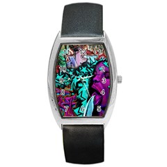 Graffiti Woman And Monsters Turquoise Cyan And Purple Bright Urban Art With Stars Barrel Style Metal Watch by genx