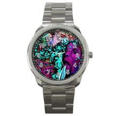 Graffiti Woman And Monsters Turquoise Cyan And Purple Bright Urban Art With Stars Sport Metal Watch by genx