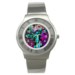 Graffiti Woman And Monsters Turquoise Cyan And Purple Bright Urban Art With Stars Stainless Steel Watch by genx