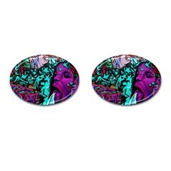 Graffiti Woman And Monsters Turquoise Cyan And Purple Bright Urban Art With Stars Cufflinks (oval) by genx