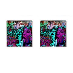 Graffiti Woman And Monsters Turquoise Cyan And Purple Bright Urban Art With Stars Cufflinks (square) by genx