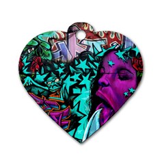 Graffiti Woman And Monsters Turquoise Cyan And Purple Bright Urban Art With Stars Dog Tag Heart (two Sides) by genx