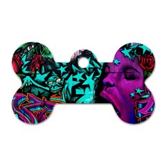 Graffiti Woman And Monsters Turquoise Cyan And Purple Bright Urban Art With Stars Dog Tag Bone (one Side) by genx